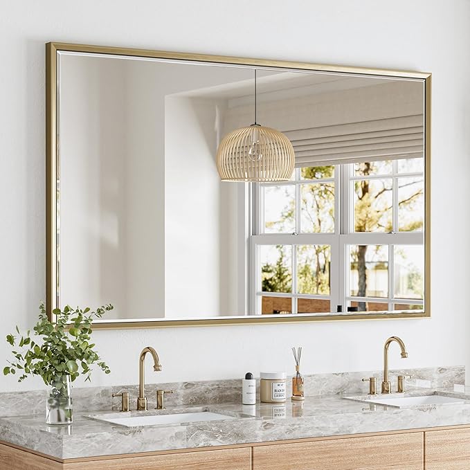 60 x 36 Gold Bathroom Mirror, Brushed Gold Beveled Bathroom Mirror,