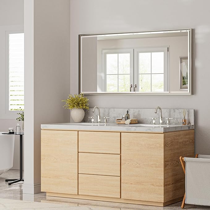 48 x 24 Brushed Nickel Bathroom Mirror, Beveled Framed Rectangle, Shatterproof