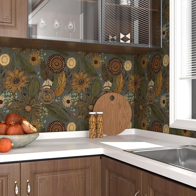 Grey Boho Wallpaper Peel and Stick, Vintage Yellow Green Floral Contact Paper