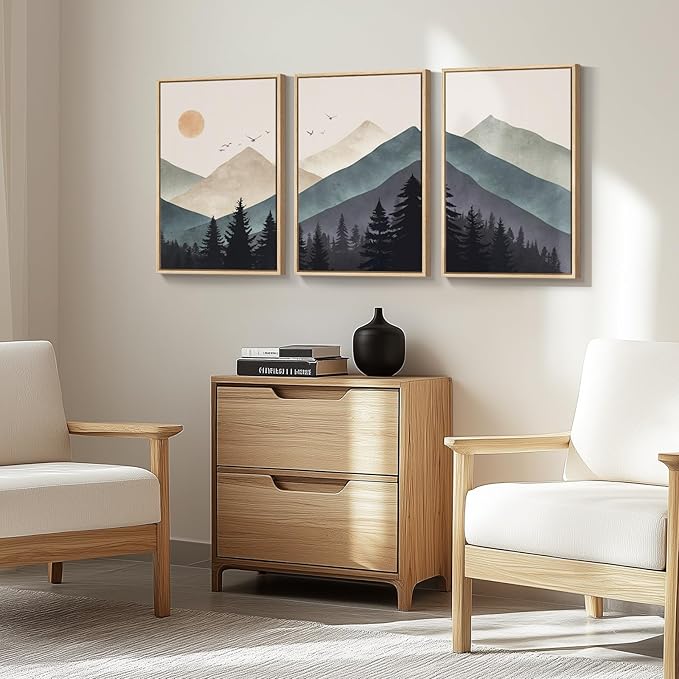 Cuspin Boho Framed Mountain Forest Landscape Wall Art, 3 Piece Bohemian Canvas Prints, Modern Nature Wall Art for Living Room, 3 Count, 16x24 Inch