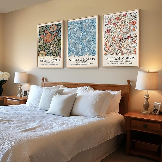 Framed William Morris Wall Art Set of 3, Large Vintage Floral Botanical Canvas