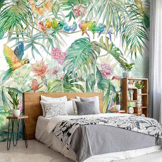 Tropical Green Botanical Flower Birds Leaf Wallpaper Bedroom Plant Floral Mural