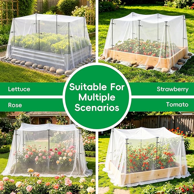 Metal Garden Netting Covers Kit for Raised Beds, 6 Pack 2.6FT Garden Poles Support Stakes with 10×13FT Insect Pest Barrier Plant Netting Mesh & 12 Clips for Vegetable Fruit Flower Garden Protection