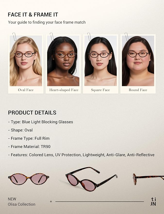 TIJN Olisa Blue Light Blocking Glasses for Women Men,Oval Glasses Frame Bluelight Glasses for Gaming/Computer/Screen