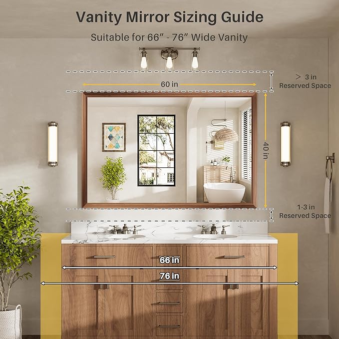 60x40 Inch Bathroom Mirror for Wall, Anti-Rust Walnut Wood Grain Metal Framed