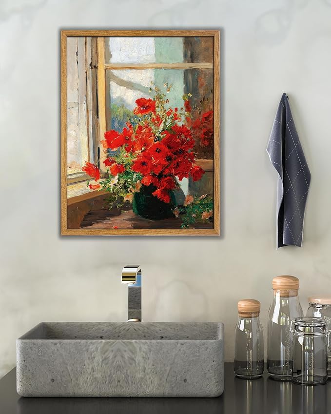 UPWOIGH 8x10 in Framed Wall Art, Red Poppies by the Window Oil Painting Canvas, Vintage Farmhouse Rustic Decor, Red Flowers Print, Antique Wall Decor for Living Room Bedroom, 1 Pack Gift