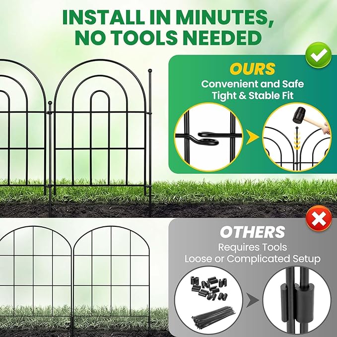 Garden Fence Panels – 20.58ft(L) x 17"（H）Arched Fencing with Tool-Free Install, Metal Fence Panels Rustproof Outdoor Barrier for Yard, Patio, Flower Beds, Dog Barrier, Decor Garden Edging