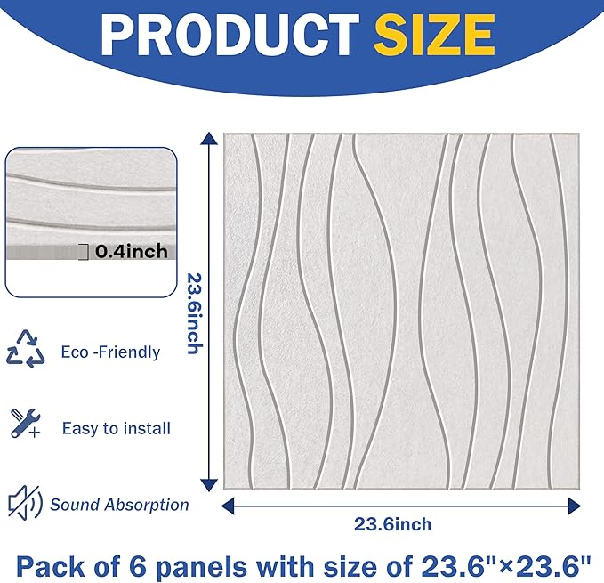6 PCS Acoustic Panels, 23.6x23.6'' Self-Adhesive Soundproof Wall Panels
