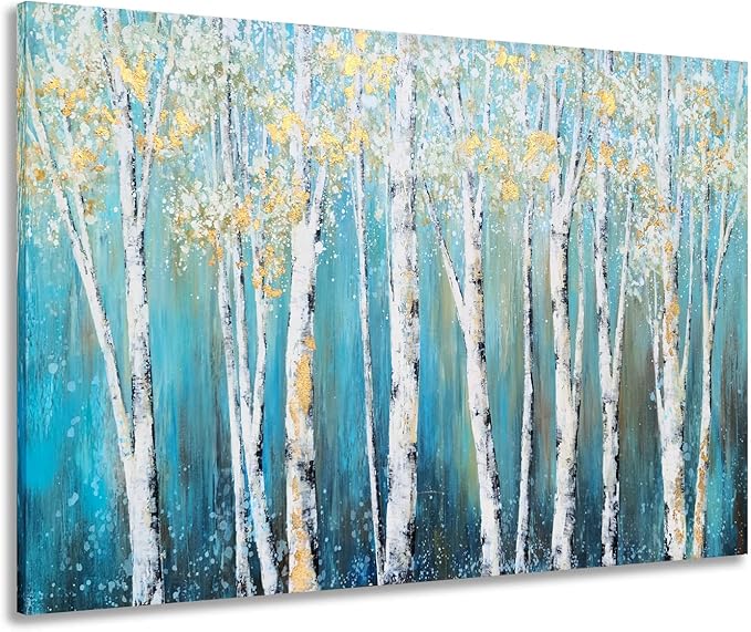 Yihui Arts Canvas Wall Art White Grey Birch Trees Branches Painting Gold Foil