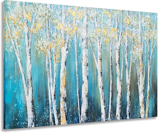 Yihui Arts Landscape Canvas Print Artwork: Teal Winter Forest Painting Wall Art