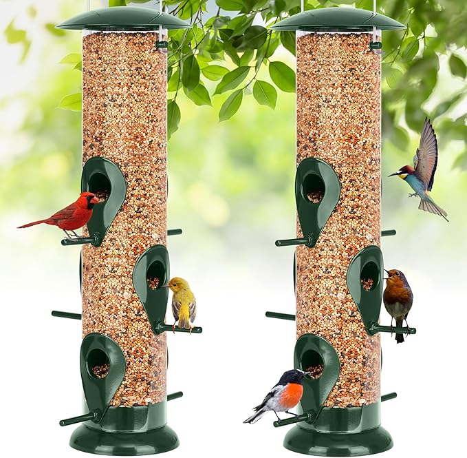 FEED GARDEN Metal Bird Feeder - 6 Port Tube Feeder for Outdoors, Heavy Duty Squirrel Proof with Metal Lid, Easy Fill & Clean, Weather Resistant, 13 Inch 2 Pack