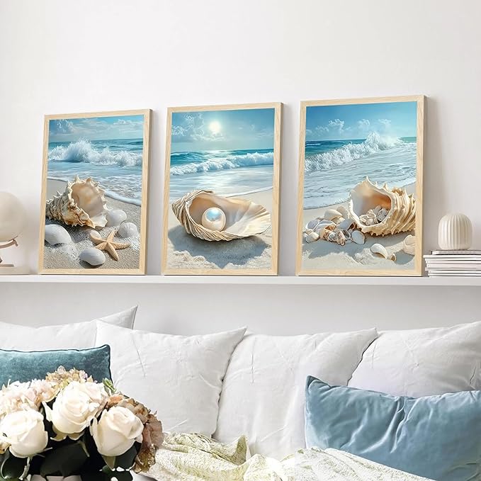 SYWENNOI 3 Piece Wood Framed Beach Wall Art, Sandy Shore, Pearl in Shell