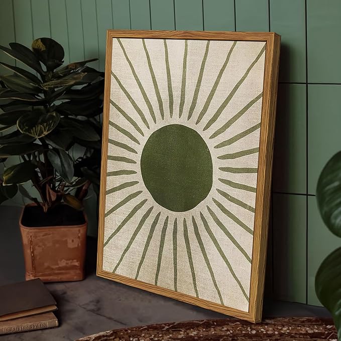 Framed Boho Sun and Moon Canvas Wall Art Set of 2, Vintage Sage Green Bohemian