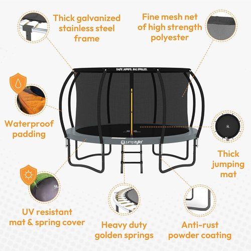 Jumpzylla Trampoline - Outdoor Recreational Trampoline with Enclosure & Ladder | 8FT to 16FT, ASTM Approved, Anti-Rust Frame