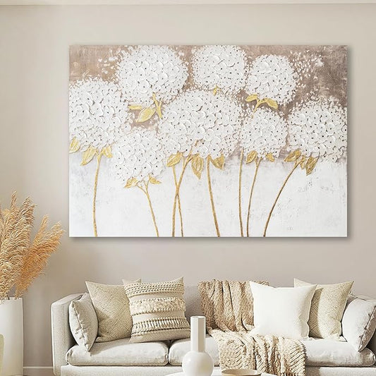 JolyWell Large hand painted wall art White Hydrangea Canvas Wall decor