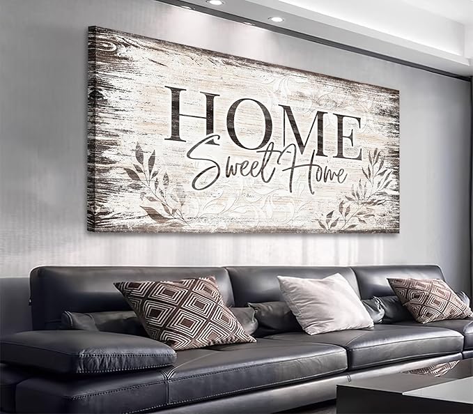 arteWOODS Home Sweet Home Wall Art Sign Large Dark Brown Farmhouse Wall Sign for Living Room Decoration Wooden Board Design Canvas Prints Modern Rustic Artwork Leaf Pictures Wall Decor 24" x 48"