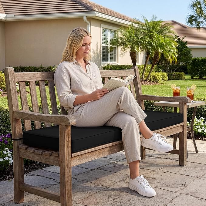 Summsun Outdoor Bench Cushion: Waterproof and Fade Resistant Patio Furniture Cushions - Non-Slip Bench Pad Cushion with Removable Cover for Garden Swing Porch Sofa Settee, 48 x 18 x 3 Inch, Black