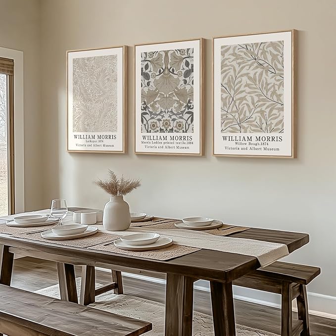 Framed Vintage William Morris Canvas Wall Art Set of 3, Large Neutral Floral