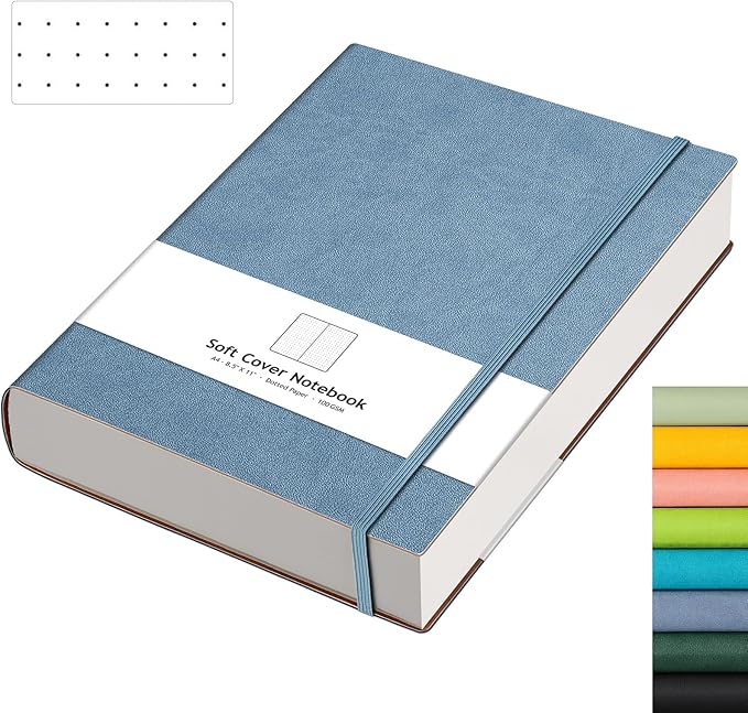 AHGXG Bullet Dotted Journal - Large A4 Notebook Dotted, 8.5''×11'', 320 Pages Dot Grid Notebook, 100gsm Thick Paper, Leather Softcover, with Journal Stencils, Inner Pocket - GrayBlue