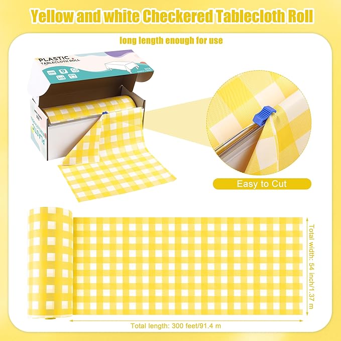 Kochorie 54 Inch x 300 Ft Light Yellow Checkered Plastic Table Cloth Roll