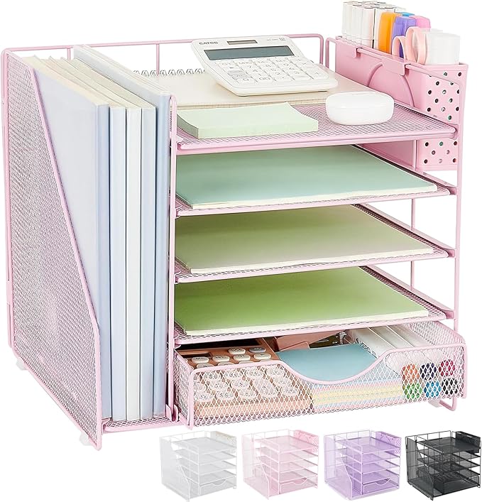 OUTIOE Desk Organizer with Drawer and Pen Holder, 5-Tier Paper Letter Tray Organizer with File Holder, Suitable for Workspace Organizer Office Supplies Storage (Pink)