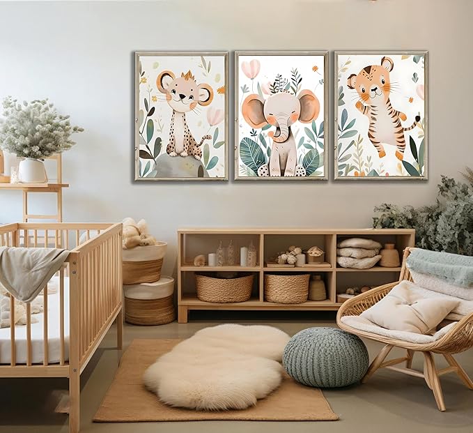 3 Pcs Safari Animals Nursery Canvas Wall Art Jungle Animals Cheetah Elephant