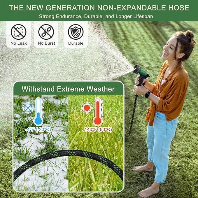 Garden Hose Non-Expandable 75 ft, Lightweight Flexible Water Hose with 10 Function Spray Nozzle, Outdoor Leak Proof, Kink-Free, Portable Hose for Yard, Lawn, Camper, High-Density Fabric, Black Green
