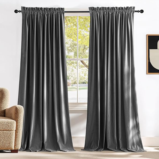 NICETOWN Grey Luxury Velvet Curtain Panels 96 inches Long 2 Panels, Home