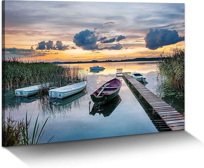 Lake Landscape Canvas Wall Art: Modern Nature Sunrise Gallery Artwork Relaxing Long Pier Sand Scenery Prints Large Boat Shore Scene Picture Colorful Mountain Sunset Painting for Living Room