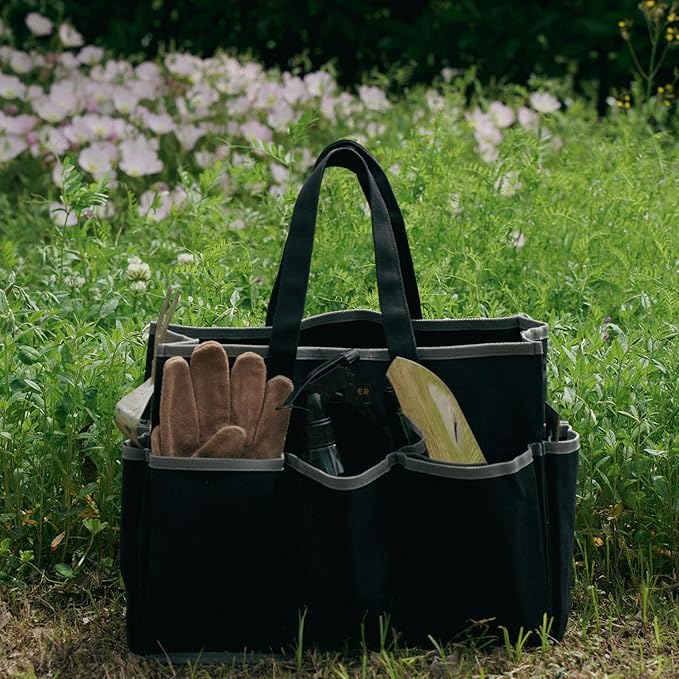 Waxed Canvas Tote Bag, Heavy Duty Multi-Purpose Canvas Tool Bag with 10 Pockets for Screwdrivers/Wrench/Pliers/Electricians Storage, Black