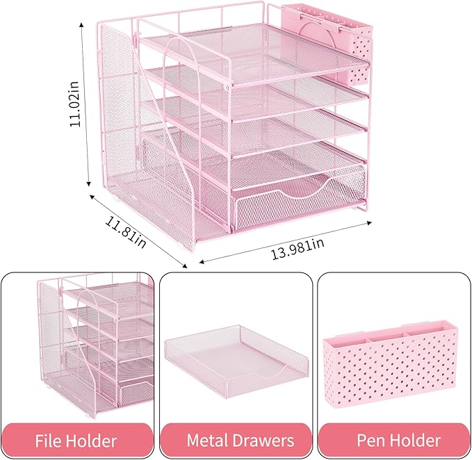 OUTIOE Desk Organizer with Drawer and Pen Holder, 5-Tier Paper Letter Tray Organizer with File Holder, Suitable for Workspace Organizer Office Supplies Storage (Pink)