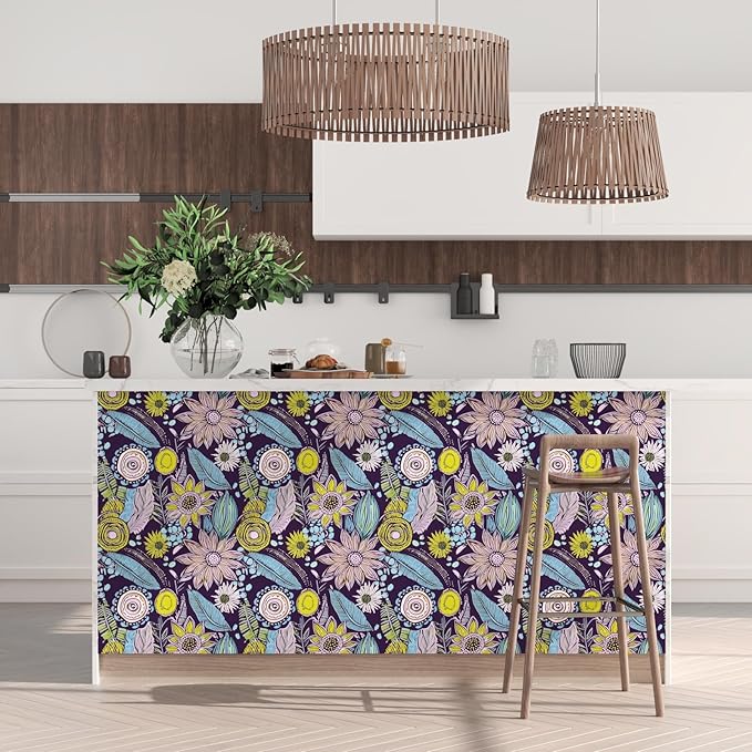 Purple Boho Wallpaper Peel and Stick, Vintage Yellow Floral Contact Paper 17.5"