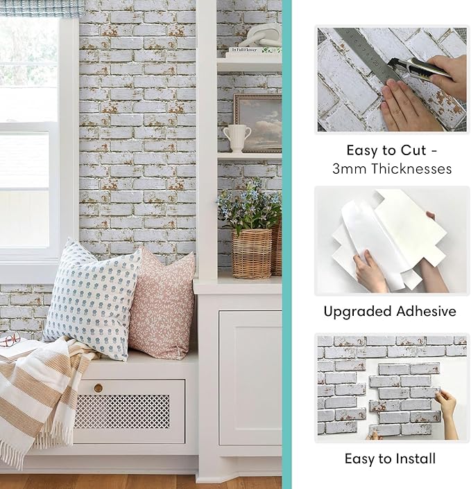Commomy 3D Peel and Stick Brick Tiles- 10 pcs 11.8" x 11.8" Small Size PVC