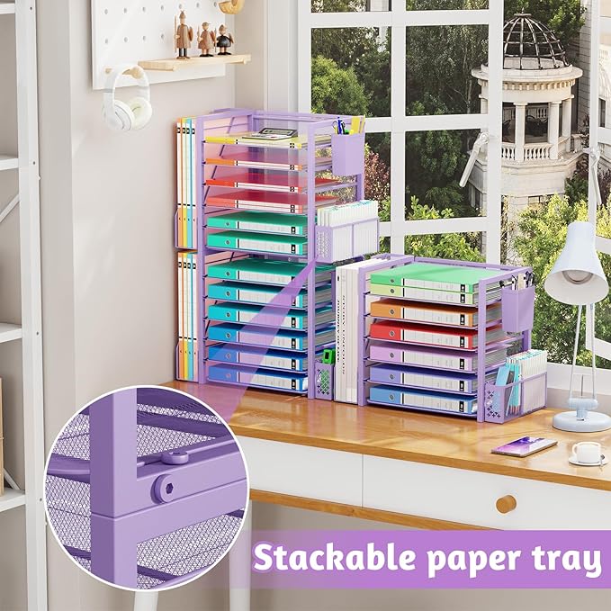 Simple Trending 6 Tier Desk File Organizer, Paper Letter Tray Organizer with File Holder and Pen Container, Purple