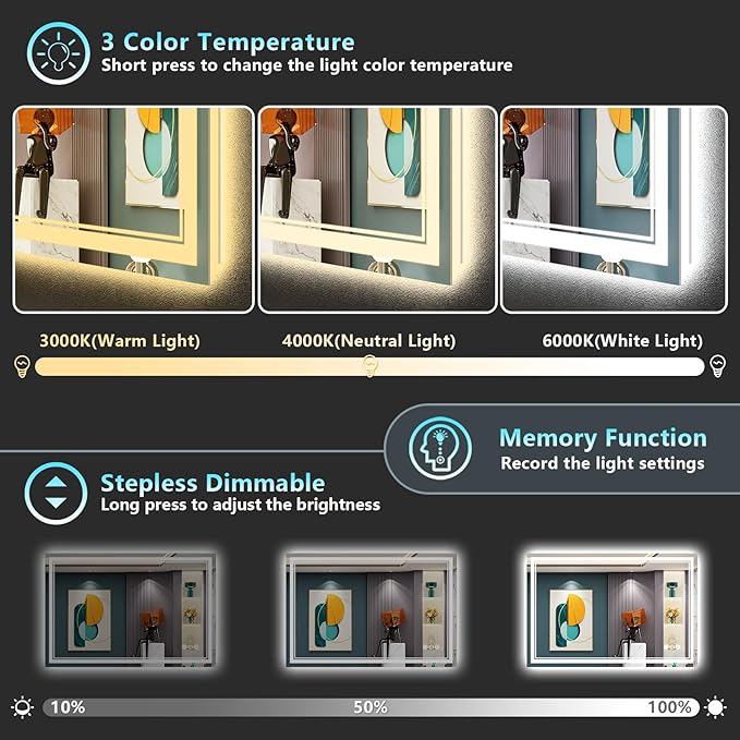 48x32 LED Bathroom Mirror with Lights, Backlit and Front Lit Anti-Fog Lighted