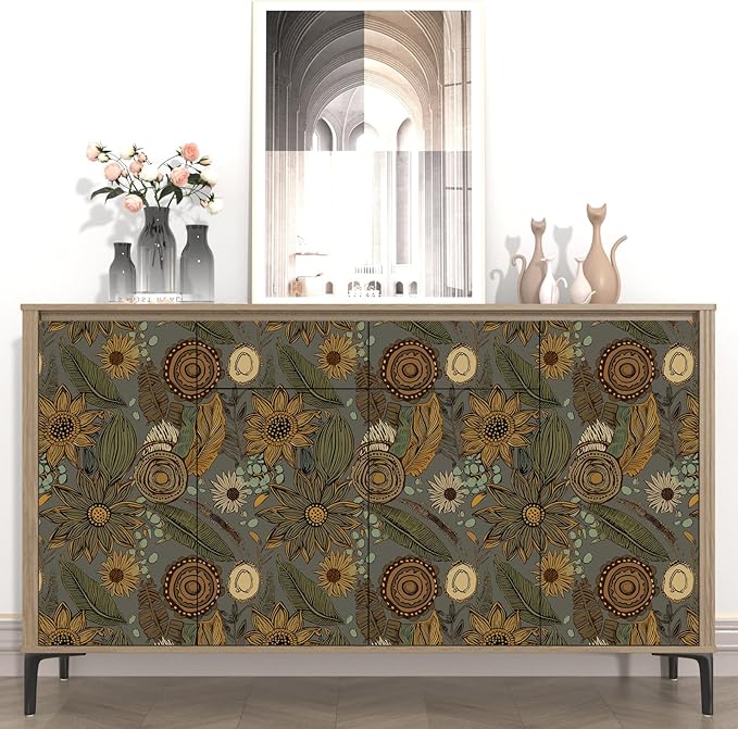 Grey Boho Wallpaper Peel and Stick, Vintage Yellow Green Floral Contact Paper