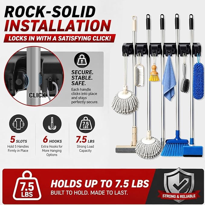 HYRIXDIRECT Broom Hanger Wall Mount Broom and Mop Organizer Wall Hanging Garden Tool Organizers Rack Garage Laundry Room Organizations and Storage with Hooks Heavy Duty
