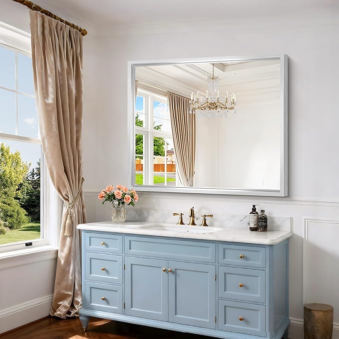 Silver Bathroom Mirror, 42 x 36 Inch Brushed Silver Rectangle Mirror