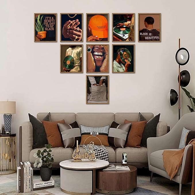 Black Culture Wall Art Set of 9, Living Room, Neutral Color Home Decor