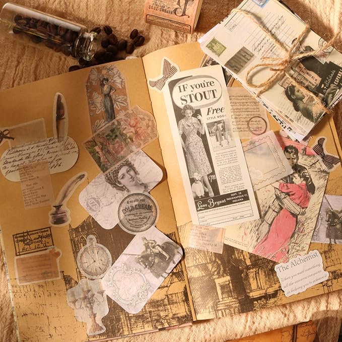 200Pcs Vintage Scrapbook Stickers, Aesthetic Junk Journal Stamping Supplies Kit, Scrapbooking Ephemera Washi Paper for Bullet Journaling Planners Diary Collage