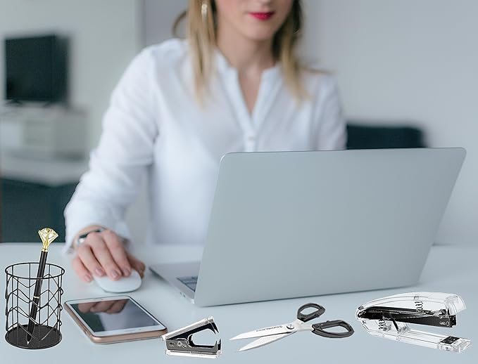 Office Desk Accessories, Acrylic Stapler, Staple Remover, Tape Holder, Pen Holder, Ballpoint Pen, Scissor, Binder Clips, 1000pcs Staples, Phone Holder, Ruler, Transparent Glue and 300 Notes