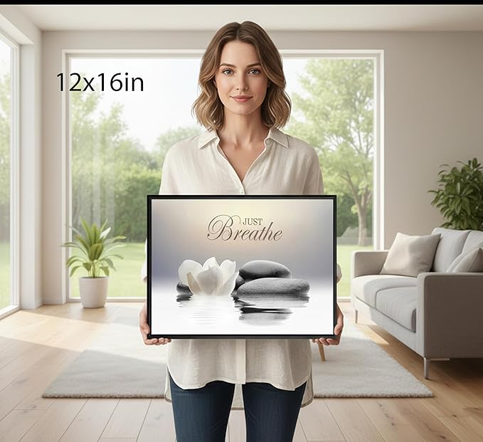 Floating Framed Zen Wall Art, Just Breathe Stone Poster Picture
