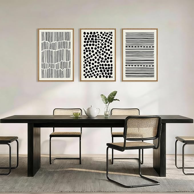 KAIRNE Abstract Black and White Framed Canvas Wall Art Set, Modern Geometric Wall Decor, Minimalist Line Art Prints, Neutral Boho Dots Artwork for Living Room, Bedroom, Farmhouse, Office -24"x36"x3