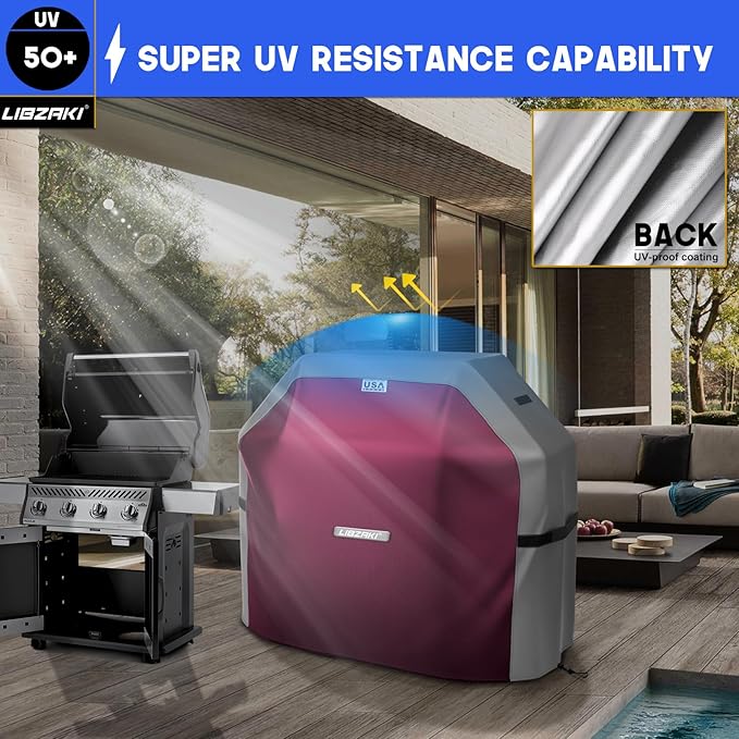 LIBZAKI Grill Cover 420D Waterproof, Weather Resistant, Rip-Proof, Anti-UV, Fade Resistant,Gas Grill Cover for Weber,Char Broil,Nexgrill Grills, etc.48 inches-Fuchsia/Gray