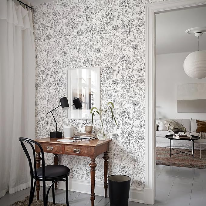 JiffDiff Peel and Stick Wallpaper Black and White Floral Wall Paper 17.3" x