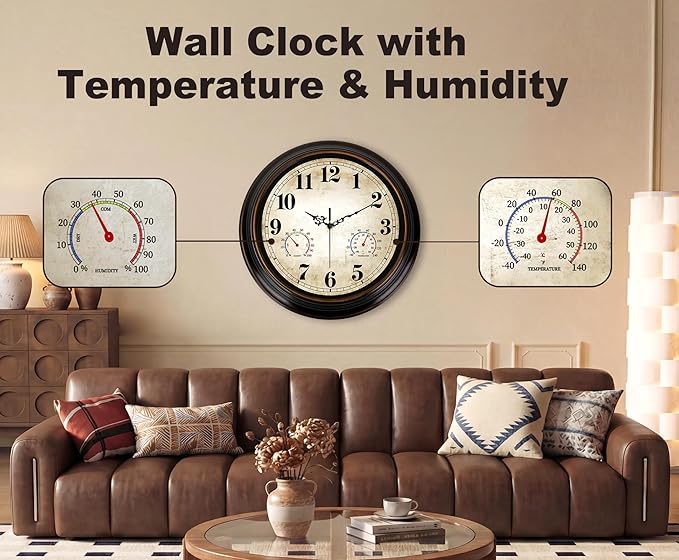 Vintage Wall Clock 16 Inch Quartz Silent Non-Ticking Analog Clock