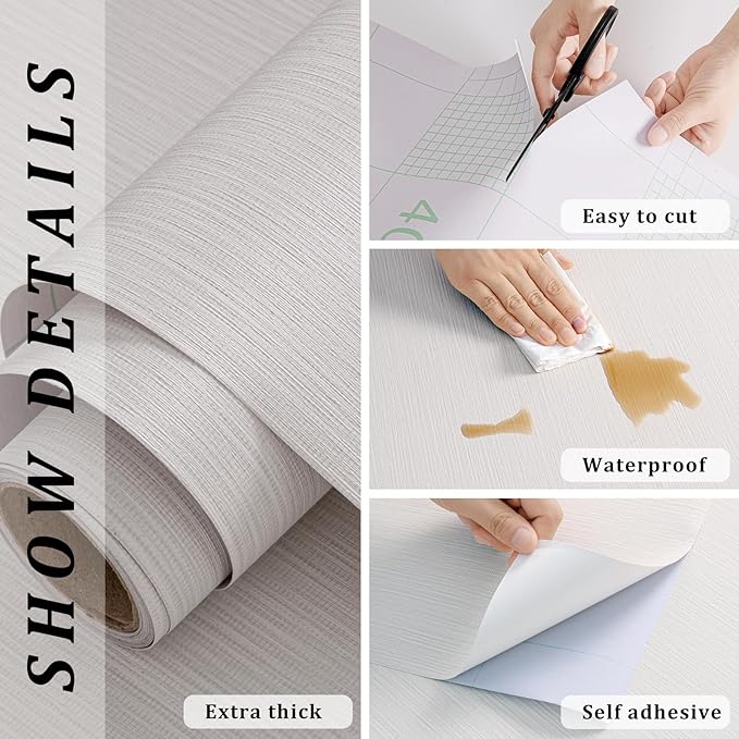 FUKU MON White Gray Grasscloth Fabric Wallpaper 23.6" X 393" Thick Classic