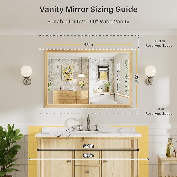 48x32 Inch Bathroom Mirror for Wall, Anti-Rust Oak Wood Grain Metal Framed
