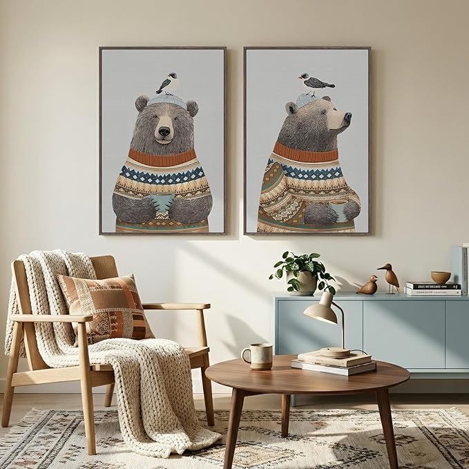 Framed Boho Animal Wall art for Nursery Decor, 2 Piece Rustic Bird Bear Canvas