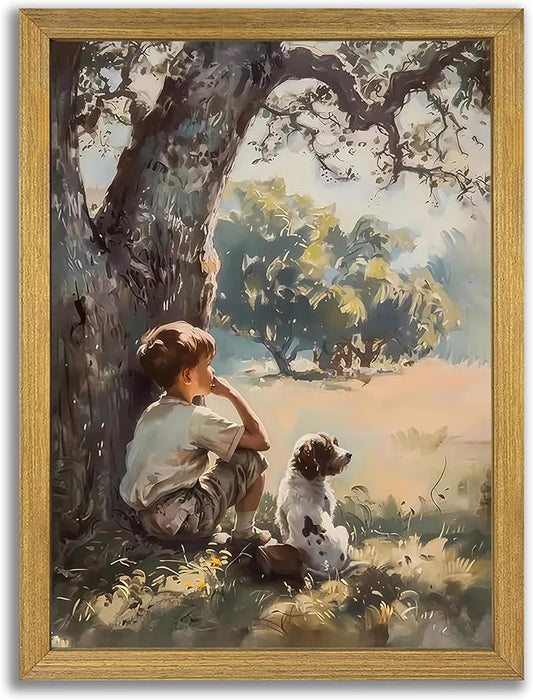 Wood Framed Canvas Wall Art, Vintage Boy and Dog Painting Poster, Countryside